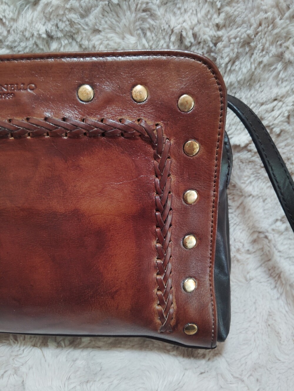 Tignanello Mojave Studded Two-Tone Brown Leather Crossbody - Picture 3 of 12